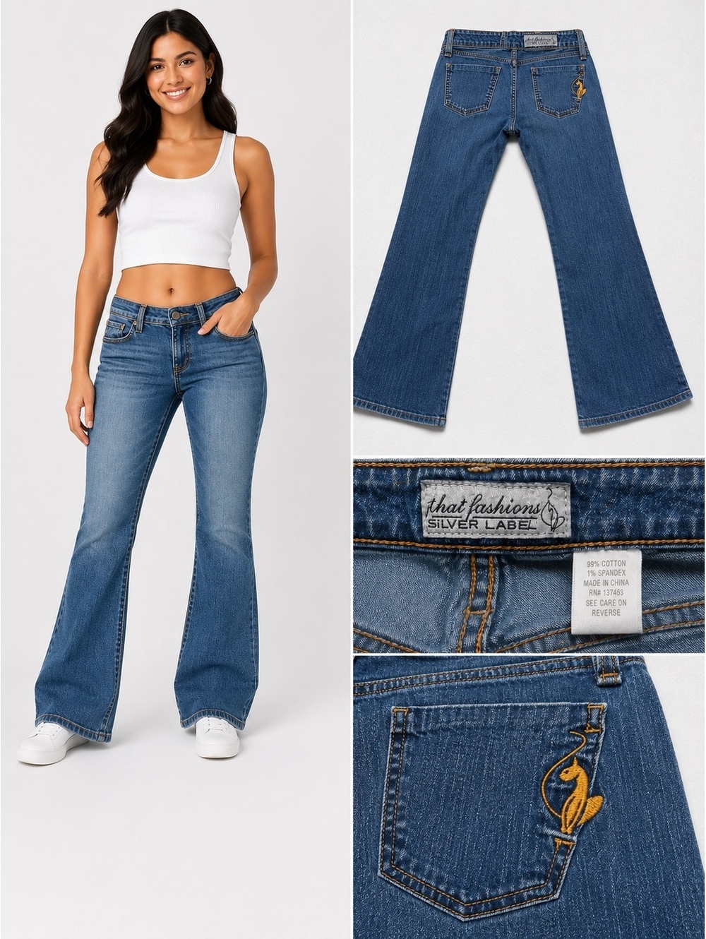 That Fashions Silver Label Women’s Bootcut Flare Jeans Blue Embroidered Y2K